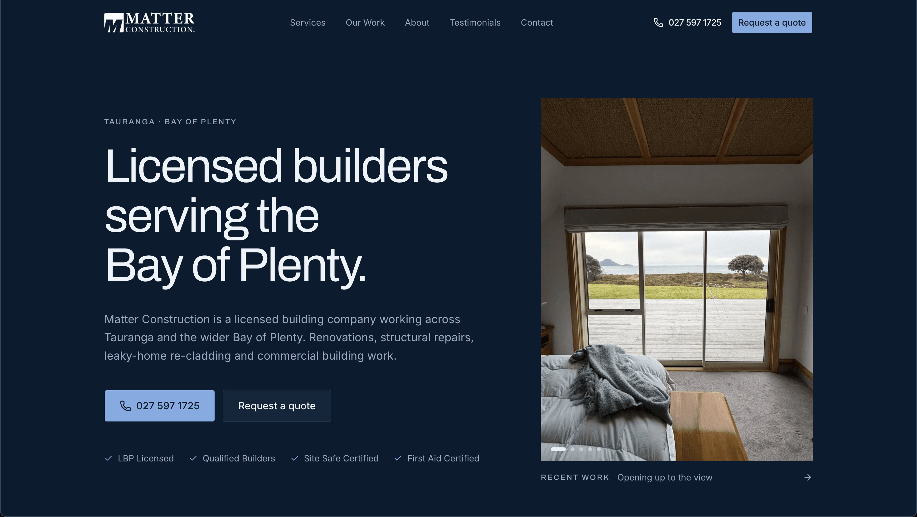 Matter Construction Tauranga licensed builders website home page